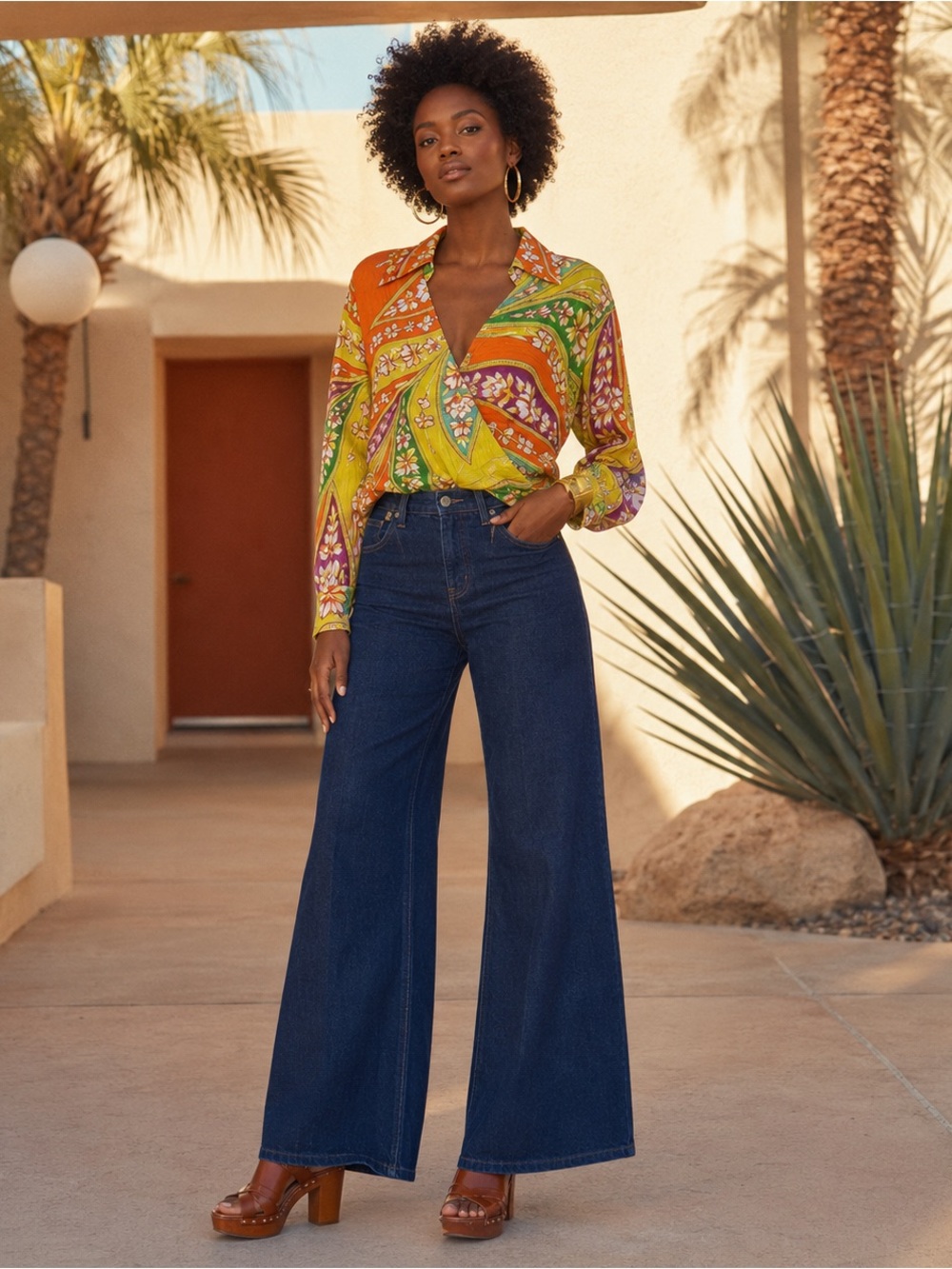 Haute Hippie Medium Tropical Floral Surplice Wrap Blouse Cropped Boho